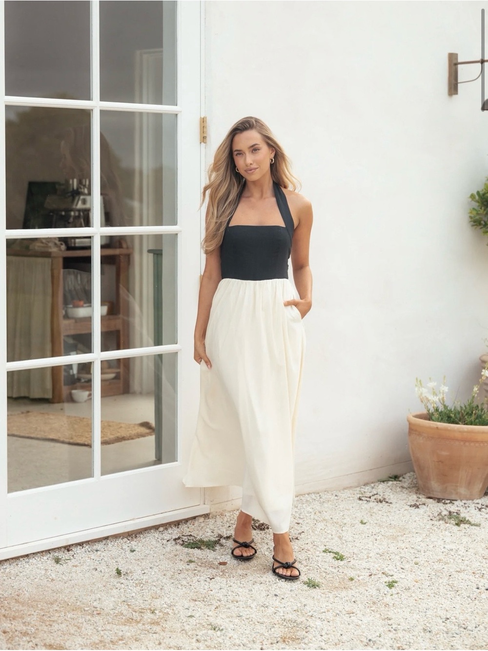 Petal & Pup Black and Cream Halter Maxi Dress - Picture 2 of 12